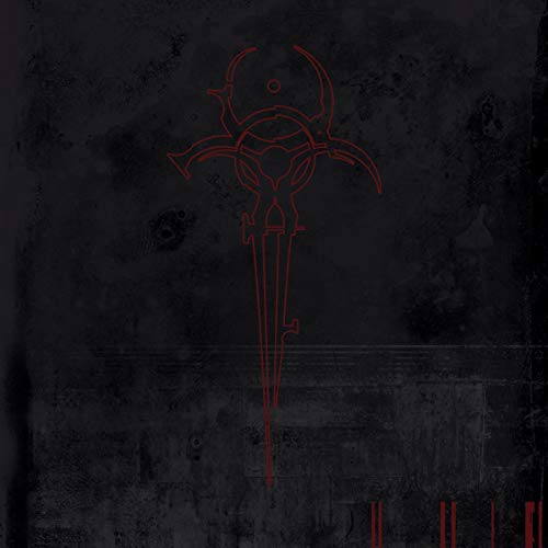 "Dark grey album cover with a red abstract sword design and red vertical lines."
