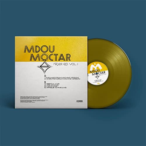 Mdou Moctar Niger EP vinyl record sleeve and matching gold-colored vinyl disc.