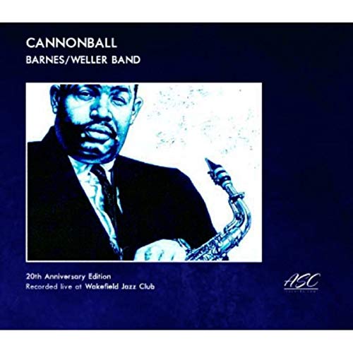 "CD cover with blue-toned image of man holding saxophone on dark blue background."