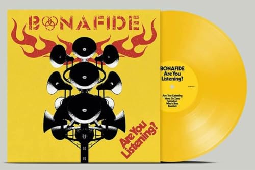Yellow vinyl record with black and red graphic of a speaker system.