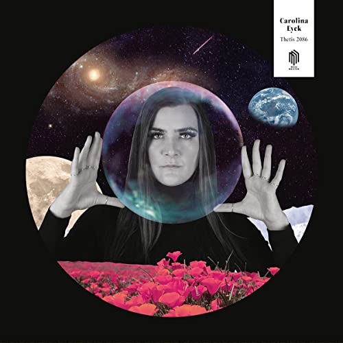 Album cover: woman’s face within a bubble, space and floral background.
