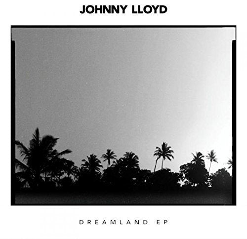 Album cover with black-and-white palm trees against a gray sky, titled "Dreamland EP".