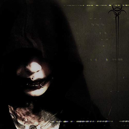 A dark, hooded figure with a skull-like face and black logo on a dark background.