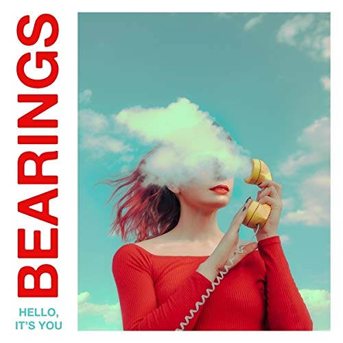 "Album cover with a woman in red holding a yellow phone, cloud over her face."