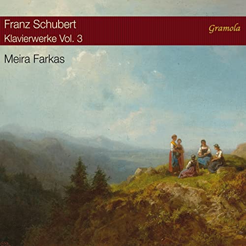 CD cover: mountain landscape painting with figures, text “Schubert” and “Meira Farkas”.