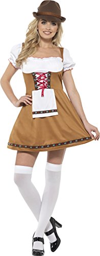 "Woman wearing a brown Bavarian costume dress with white apron, hat, and black shoes."