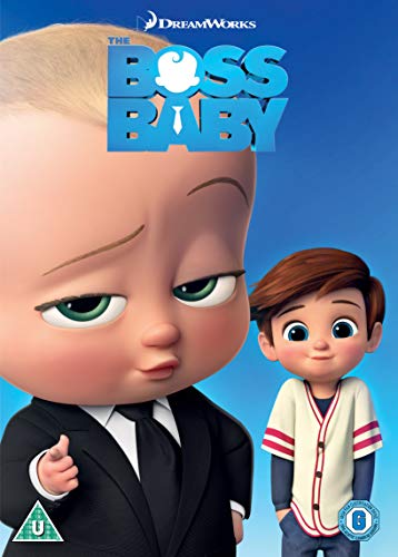 The Boss Baby movie poster featuring a baby in a suit and a boy.