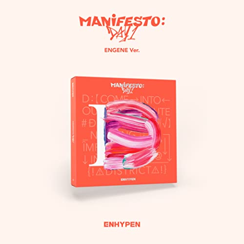 ENHYPEN’s “MANIFESTO : DAY 1 (D : ENGENE Ver.)” album cover, red with colorful lettering.