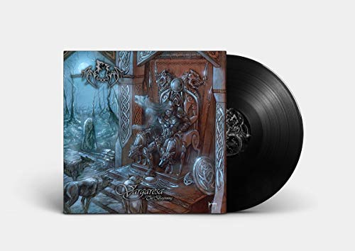Vinyl record with cover art depicting warriors and a dark, fantasy scene.