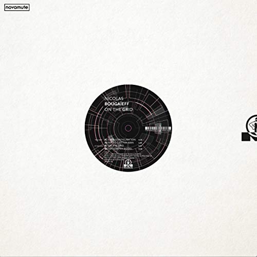 Black vinyl record with a circular grid design and white text.