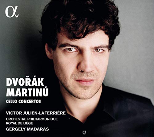 Close-up of cellist Victor Julien-Laferrière, album cover for Dvorák & Martinu.