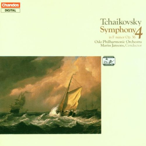 "Sailboat on stormy sea, pale yellow background, Tchaikovsky's Symphony No. 4 album cover."