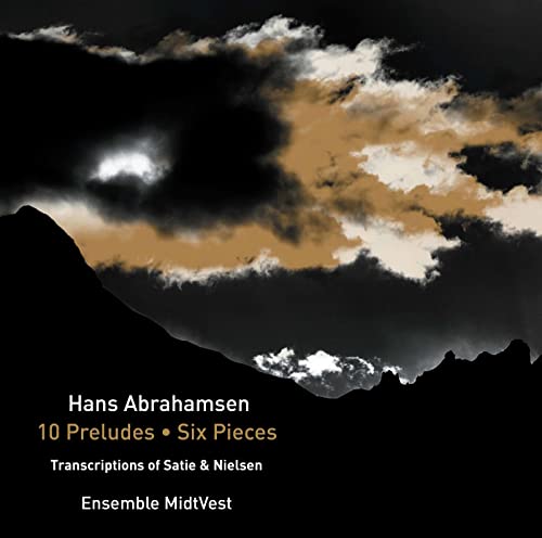 CD cover with dark, cloudy sky and mountain silhouette; text details composer Abrahamsen.