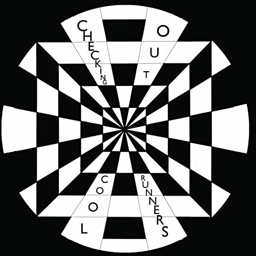 Black and white optical illusion with text "Cool Runners - Checking Out".