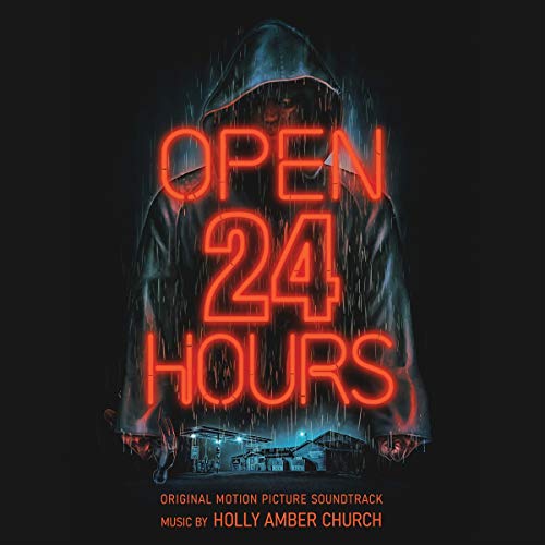 "Album cover with hooded figure and neon 'OPEN 24 HOURS' text against a dark background."