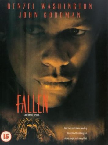 "DVD cover for 'Fallen' featuring a man's face and winged figures below."