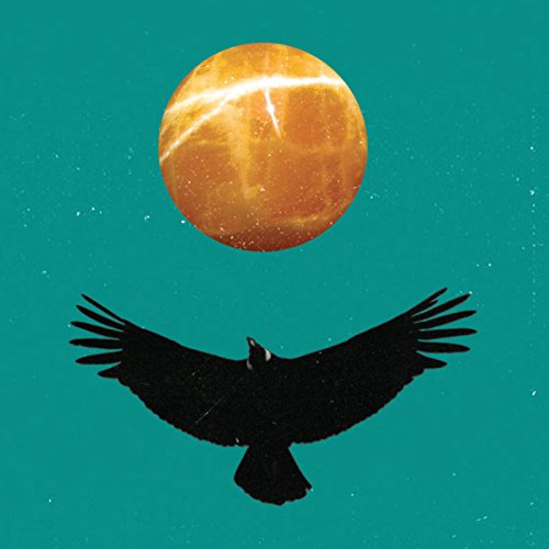 Orange moon above a silhouetted bird in flight, teal background.