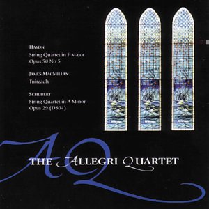 "CD cover with stained glass windows and 'The Allegri Quartet' in blue and white text."