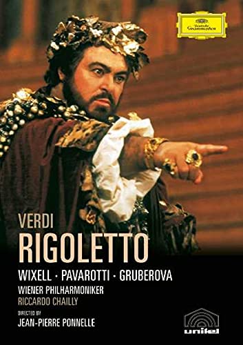 DVD cover for Verdi’s opera Rigoletto featuring Luciano Pavarotti in costume.