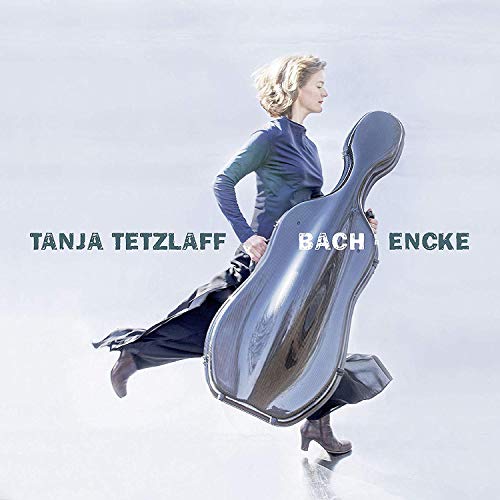 "CD cover featuring a woman holding a cello case, jumping, against a white background."