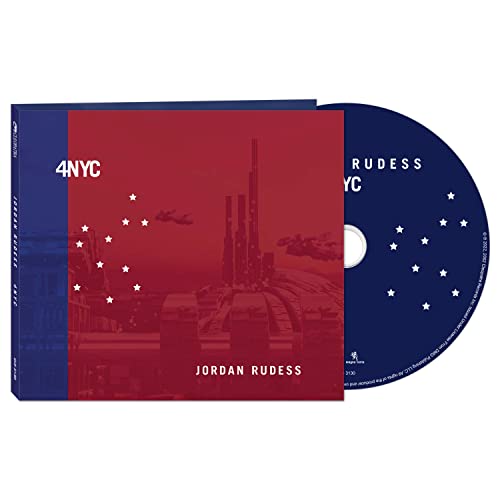 CD case and disc for Jordan Rudess’ “4NYC” album, cityscape design.