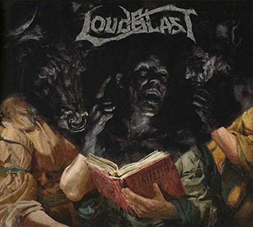 Album cover art featuring a dark, eerie scene with a man holding a red book.