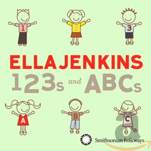 "Light green CD cover with cartoon children and 'Ella Jenkins 123s and ABCs' text."