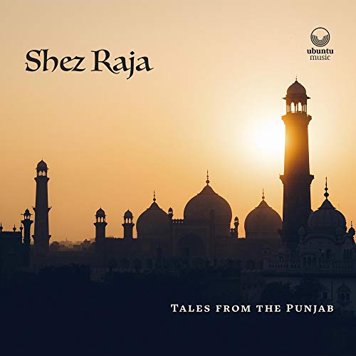 "Album cover featuring a mosque silhouette at sunset with text 'Shez Raja' and 'Tales from the Punjab'."