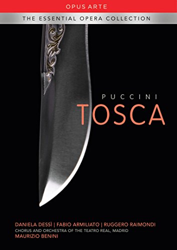 DVD cover featuring a silver dagger on a black background with "Tosca" in orange.