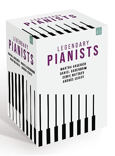 White box for Legendary Pianists DVD featuring piano key graphics and artist names.