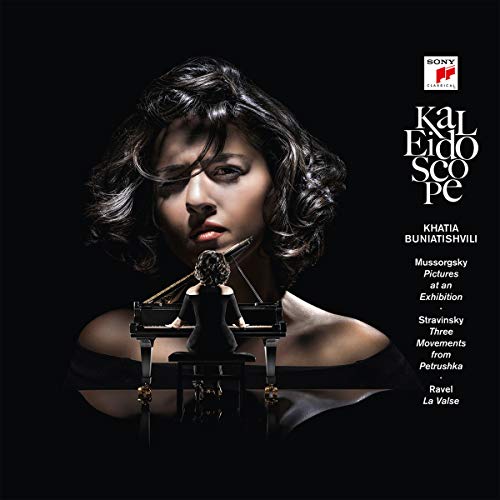 Khatia Buniatishvili portrait with miniature piano and musical text.