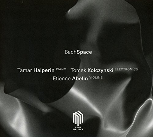 "Black and white album cover with abstract silver fabric and white text, featuring 'BachSpace' title."