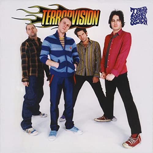 Four casually dressed men posing, album cover for Terrorvision’s “Take The Money And Run”.
