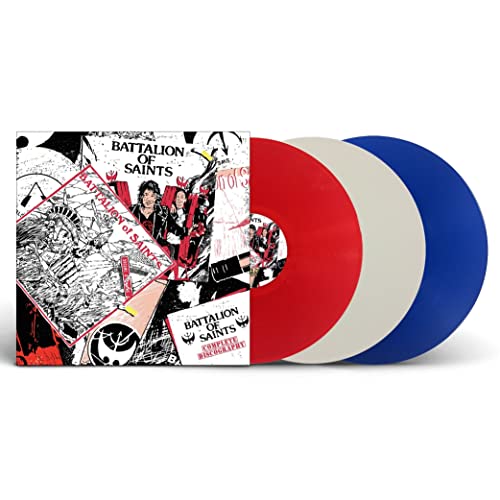 Battalion Of Saints triple vinyl record: red, white, and blue discs.