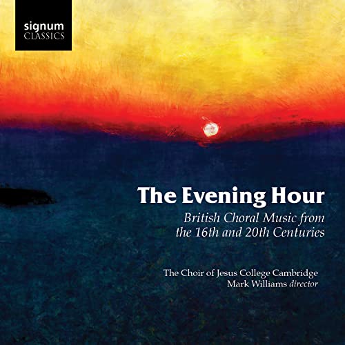 CD cover for “The Evening Hour,” featuring a sunset over water.