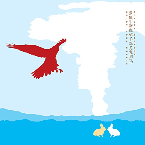 A red bird flies over two small rabbits against a light blue sky.
