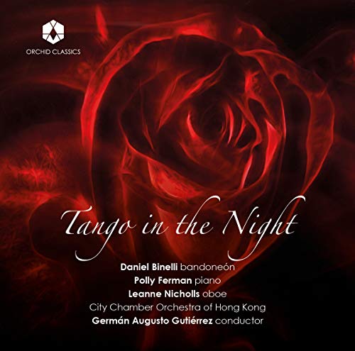 CD cover: red rose image with text "Tango in the Night", orchestra details.
