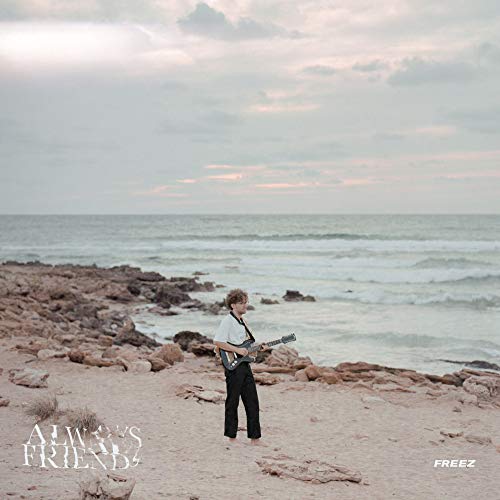 Person playing an electric guitar on a rocky beach under a cloudy sky.