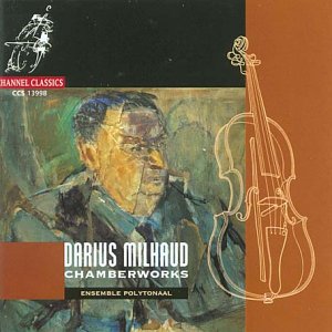 CD cover featuring Darius Milhaud portrait and violin illustration on a brown background.