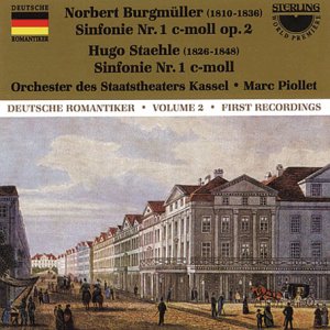 CD cover for Norbert Burgmuller's Symphony No.1, featuring a vintage European street scene illustration.