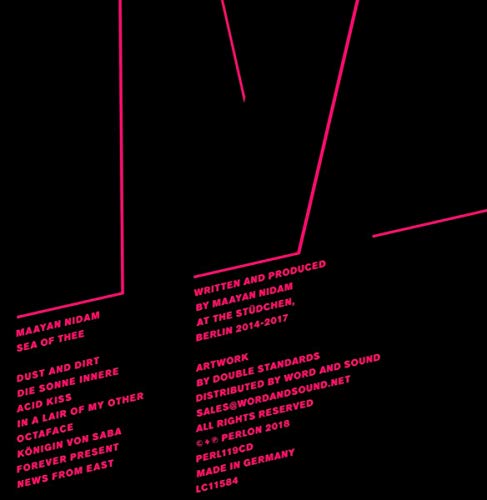 "Black CD cover with red text and neon pink lines, listing song titles and credits."