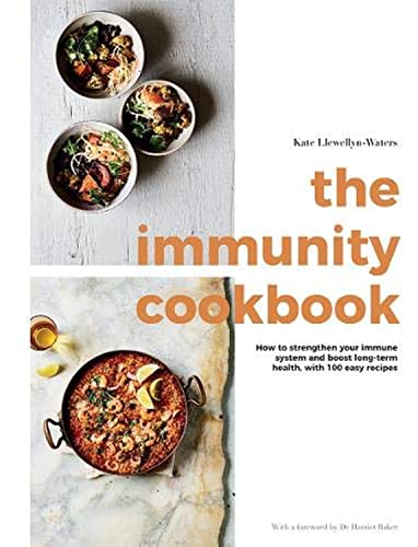 Book cover titled The Immunity Cookbook featuring bowls of food and a shrimp dish.
