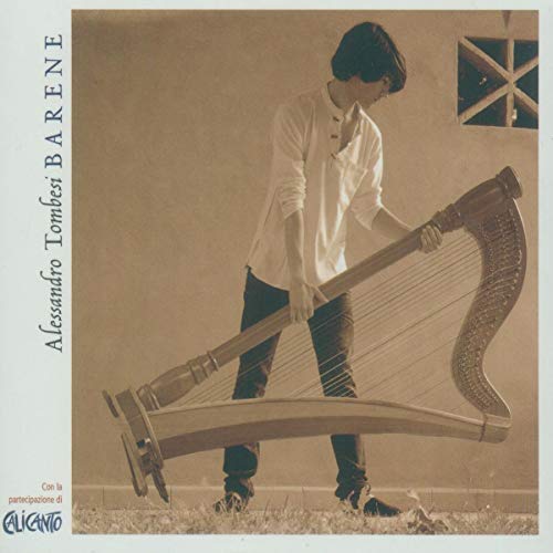 Man holding a large harp, sepia-toned album cover with text and logo.