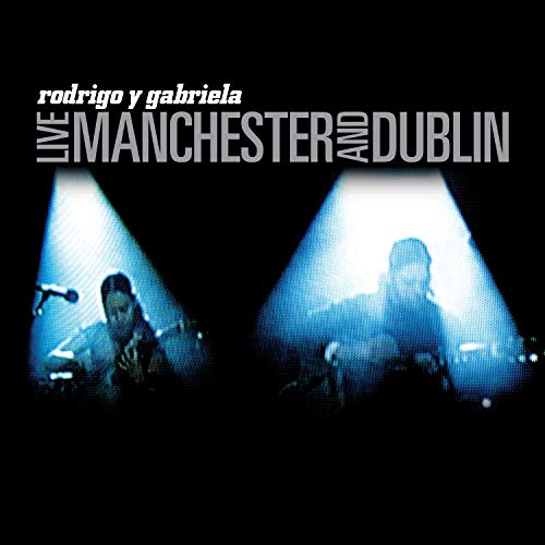 "Album cover with two musicians on stage, under spotlights, with text 'rodrigo y gabriela'."