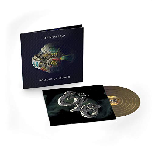 "Vinyl record and cover art for 'Jeff Lynne's Elo - From Out Of Nowhere' on a white background."