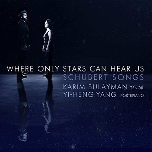 "CD cover with man and woman standing on a starry, reflective surface, text overlay."