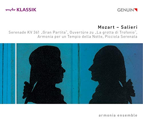 CD cover with silhouettes of Mozart and Salieri in blue tones.