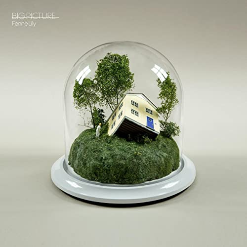 A tilted house and trees inside a clear glass dome.
