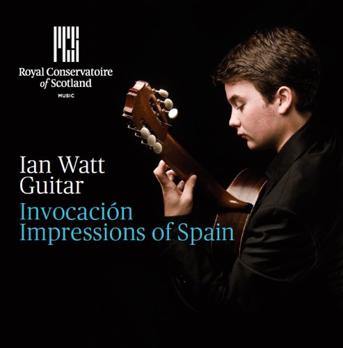 Man in black shirt holding guitar, with text "Ian Watt Guitar" and "Impressions of Spain".