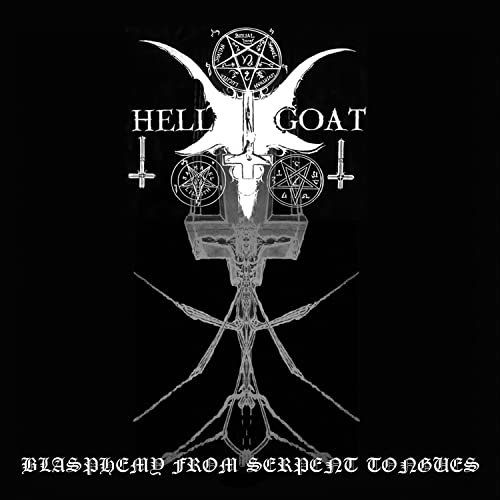 Black and white album cover with goat skull, pentagrams, and crosses.